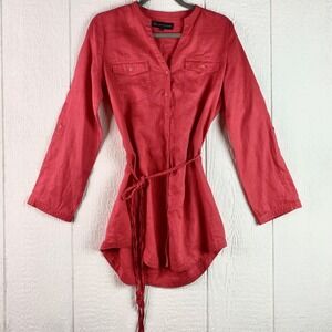 Lady Hathaway Women Small Linen Top Red Tunic Braided Fringe Cowgirl Rodeo Flaw‎